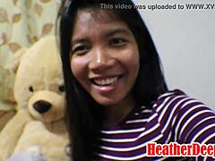 Heather Deep, a pregnant Thai teen, gives a passionate blowjob and swallows the cum