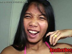 Thai teen Heatherdeep gives an intense deepthroat blowjob and gets a creampie in her throat