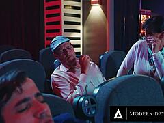 Natural tits and perverted old man in movie theatre blowjob scene