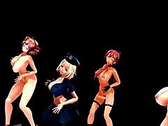 Four anime girls with big tits engage in a sensual dance
