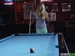 Watch as a stunning blonde with big tits sucks a cock after a game of pool
