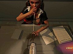 Explore a 3D VR game featuring a busty nurse in latex who performs oral sex on a penis-shaped probe, including domination and BDSM elements