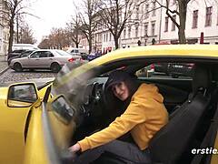 Milena's first public cumming experience on the highway in her yellow Camaro