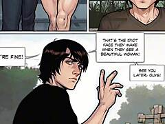Seductive brunette bodybuilder teaches a young man about sex in comic illustration